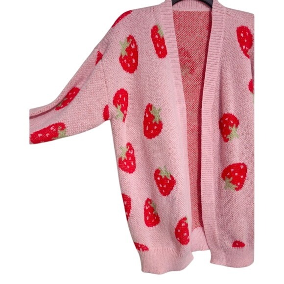 Pink Strawberry Knit Cardigan Y2K Cozy Long Sleeve Sweater Size S EUC - Picture 2 of 4